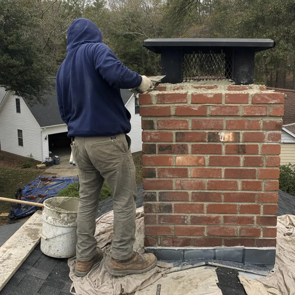 Professional chimney mason repairing brick mortar crown on a residential roof