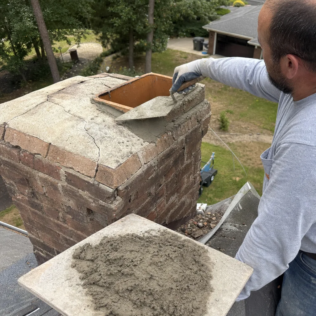 Professional contractor performing chimney crown repair and masonry maintenance on residential roof.