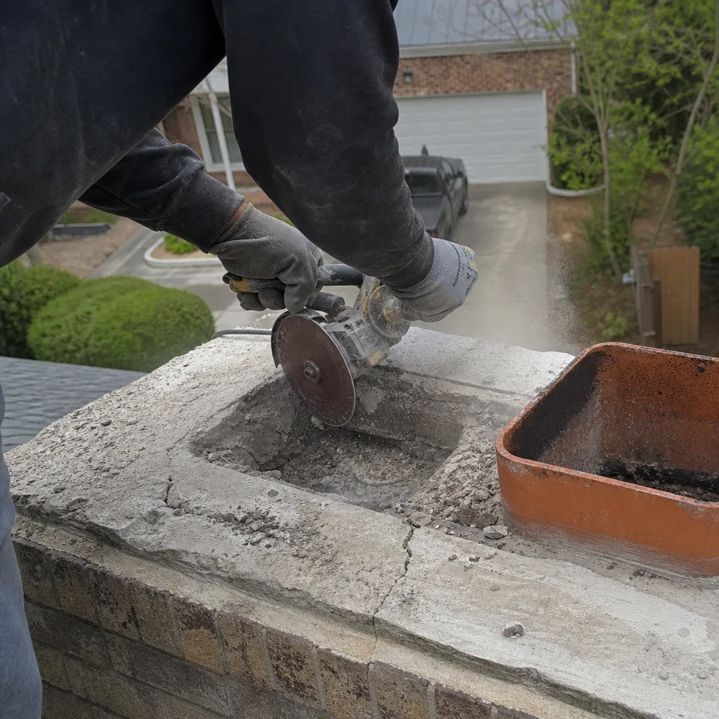 Worker cutting concrete chimney crown with an angle grinder for repair