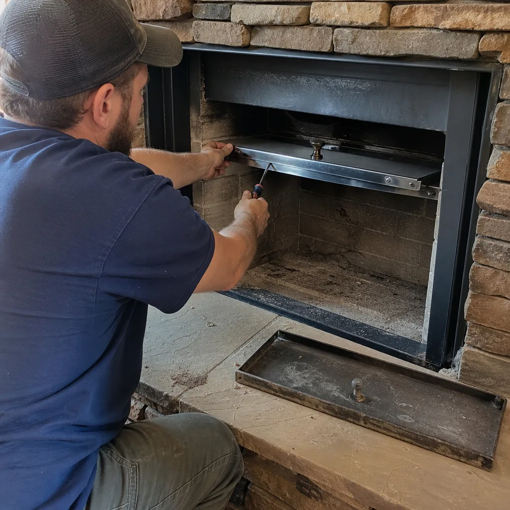 Technician performing professional fireplace maintenance and component installation