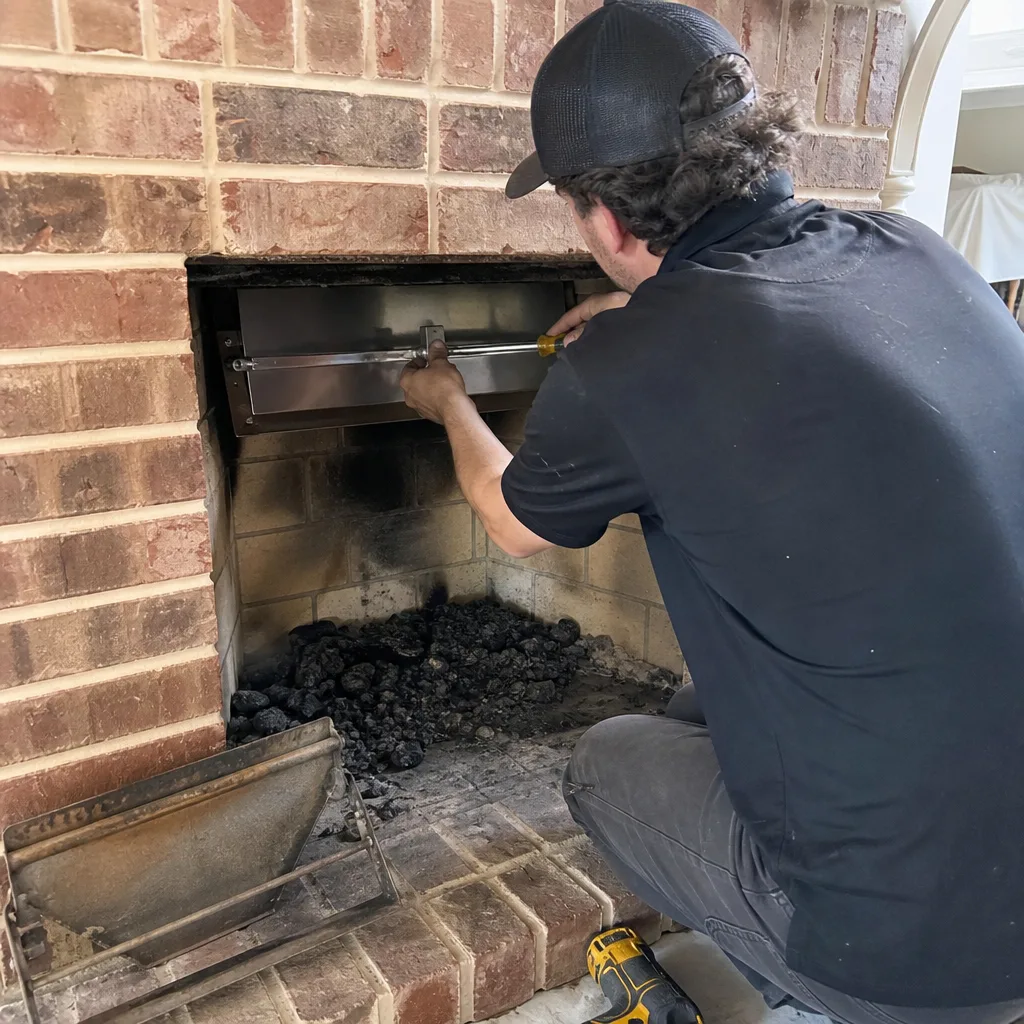 Chimney professional installing a fireplace damper for chimney service
