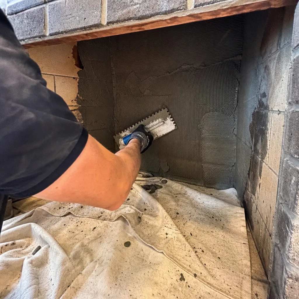 Professional applying mortar to fireplace interior wall with a notched trowel