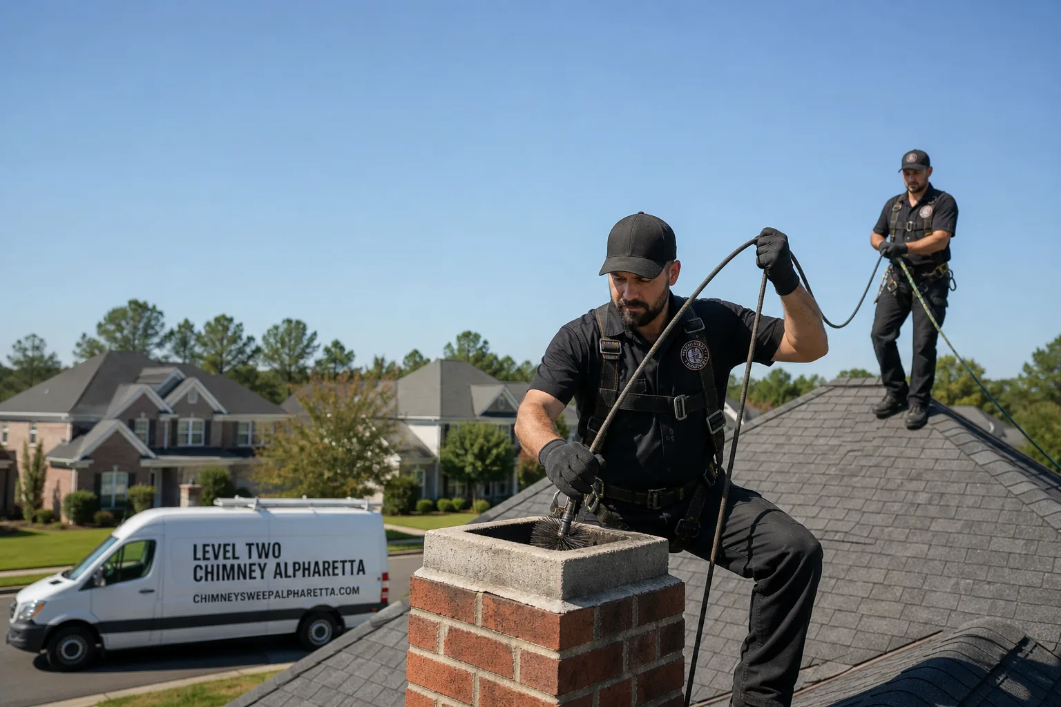 Emberly Chimney Cleaners Alpharetta chimney cleaning service vehicle and crew in Alpharetta, GA